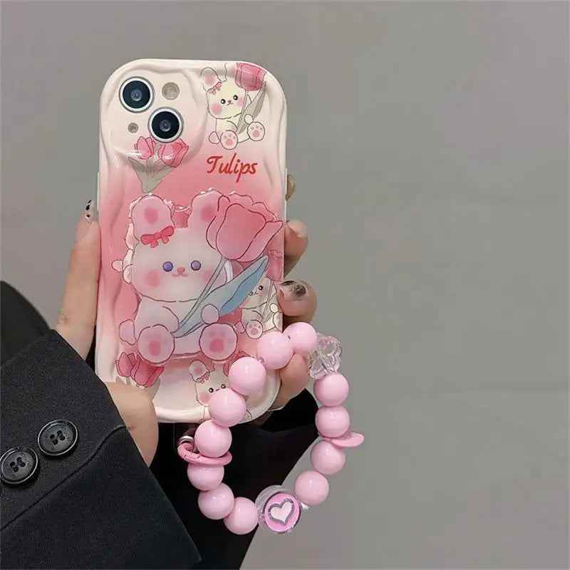 Pink Tulip Rabbit Cute Phone Case With Holder For iPhone 15, 14 Plus, 7, 8, X, XS, XR, 11, 12, and 13 Pro Max - B Pattern - Touchy Style