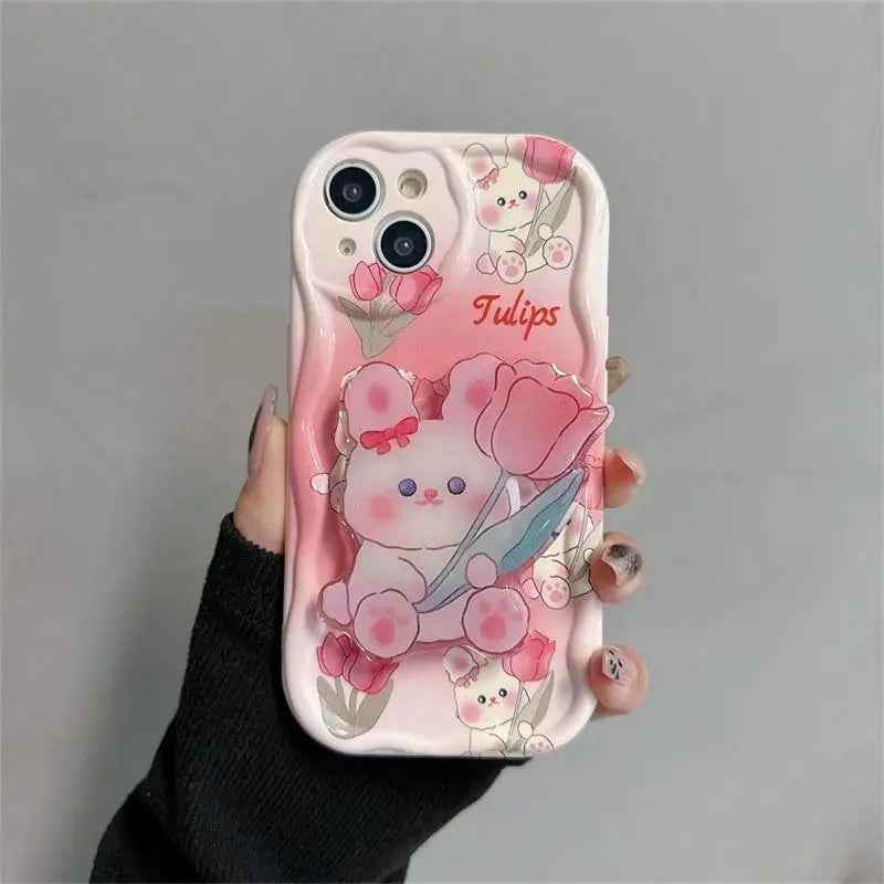 Pink Tulip Rabbit Cute Phone Case With Holder For iPhone 15, 14 Plus, 7, 8, X, XS, XR, 11, 12, and 13 Pro Max - B Pattern - Touchy Style