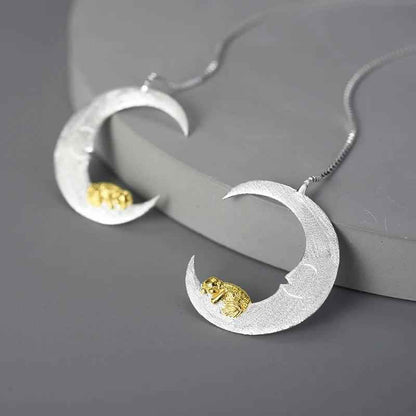 Puppy &amp; Moon Long Dangle Earrings Charm Jewelry - 925 Sterling Silver - LFJB0265 - Touchy Style