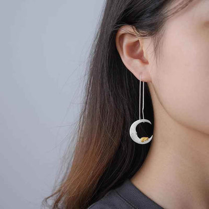 Puppy &amp; Moon Long Dangle Earrings Charm Jewelry - 925 Sterling Silver - LFJB0265 - Touchy Style
