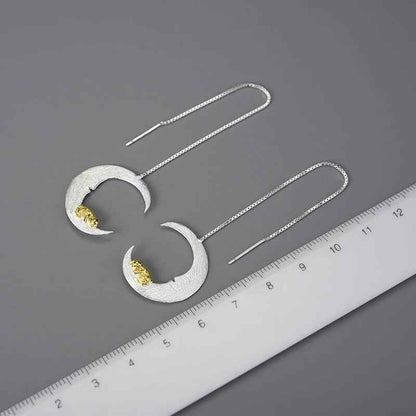Puppy &amp; Moon Long Dangle Earrings Charm Jewelry - 925 Sterling Silver - LFJB0265 - Touchy Style