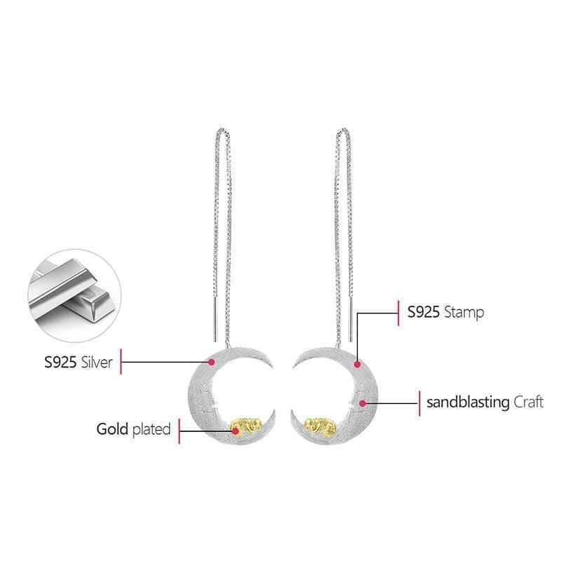 Puppy &amp; Moon Long Dangle Earrings Charm Jewelry - 925 Sterling Silver - LFJB0265 - Touchy Style