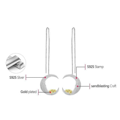 Puppy &amp; Moon Long Dangle Earrings Charm Jewelry - 925 Sterling Silver - LFJB0265 - Touchy Style