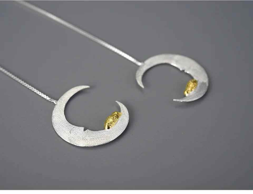 Puppy &amp; Moon Long Dangle Earrings Charm Jewelry - 925 Sterling Silver - LFJB0265 - Touchy Style