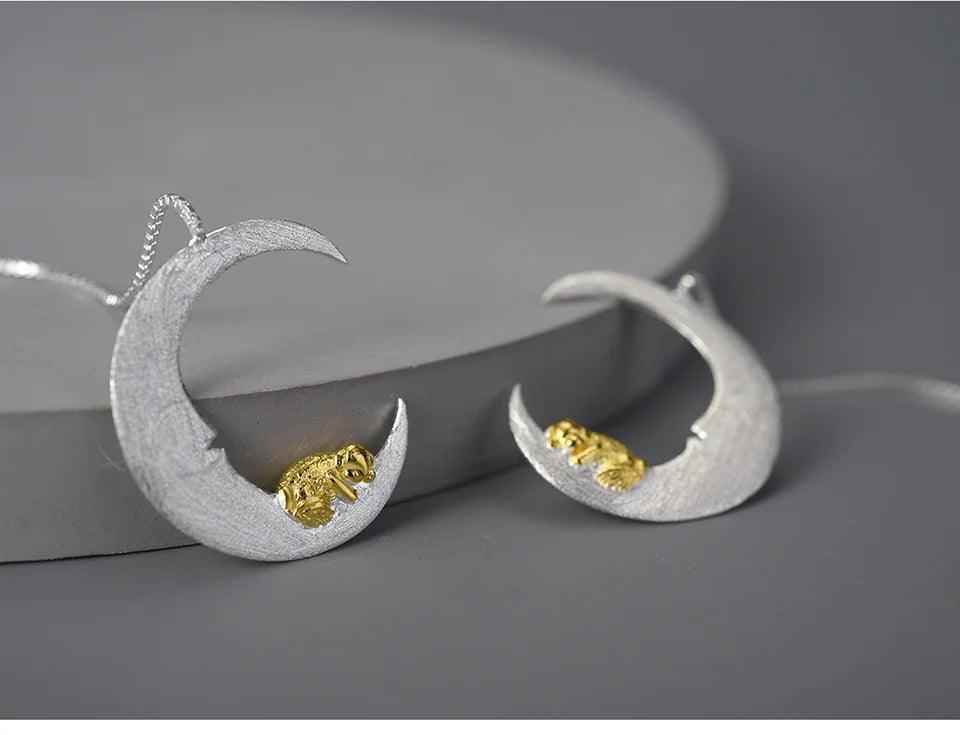 Puppy &amp; Moon Long Dangle Earrings Charm Jewelry - 925 Sterling Silver - LFJB0265 - Touchy Style