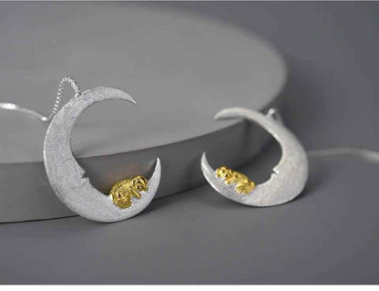 Puppy &amp; Moon Long Dangle Earrings Charm Jewelry - 925 Sterling Silver - LFJB0265 - Touchy Style