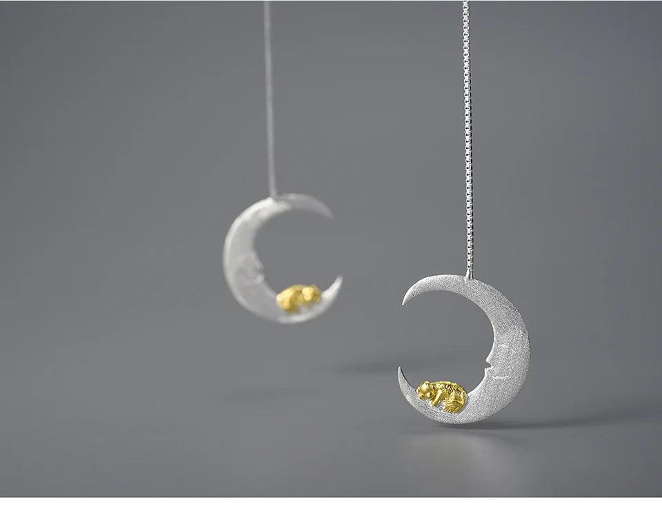 Puppy &amp; Moon Long Dangle Earrings Charm Jewelry - 925 Sterling Silver - LFJB0265 - Touchy Style .
