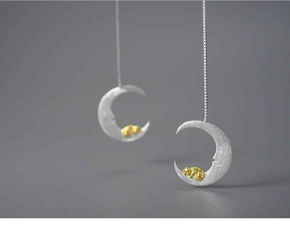 Puppy &amp; Moon Long Dangle Earrings Charm Jewelry - 925 Sterling Silver - LFJB0265 - Touchy Style