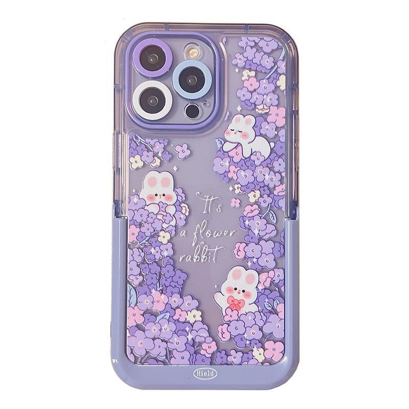 Purple Flowers Rabbit Cute Phone Cases with Stand Holder for iPhone 14 Pro  Max 13 11 12 14 Plus