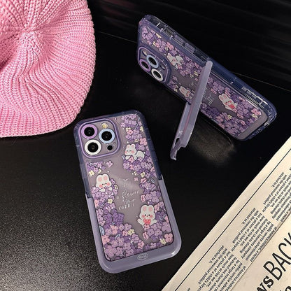Purple Flowers Rabbit Cute Phone Cases with Stand Holder for iPhone 14 Pro Max 13 11 12 14 Plus - Touchy Style .