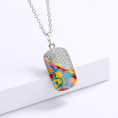 QS242 - 925 Sterling Silver Fashion Square Pendant Enamel Necklace Charm Jewelry - Touchy Style .