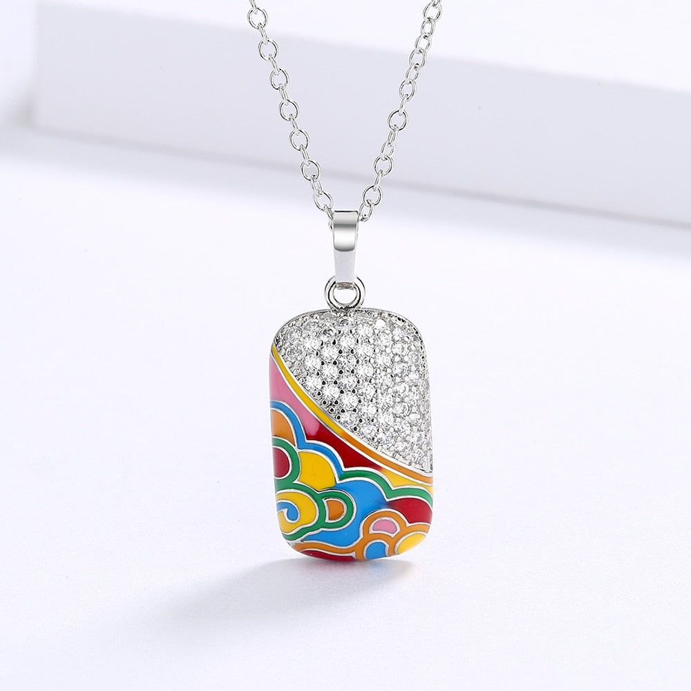 QS242 - 925 Sterling Silver Fashion Square Pendant Enamel Necklace Charm Jewelry - Touchy Style .