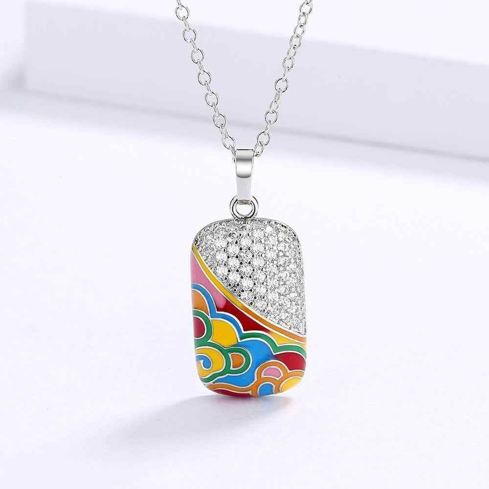 QS242 - 925 Sterling Silver Fashion Square Pendant Enamel Necklace Charm Jewelry - Touchy Style