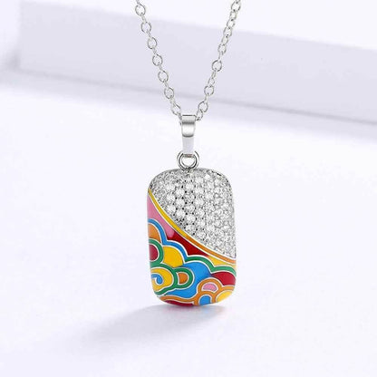 QS242 - 925 Sterling Silver Fashion Square Pendant Enamel Necklace Charm Jewelry - Touchy Style