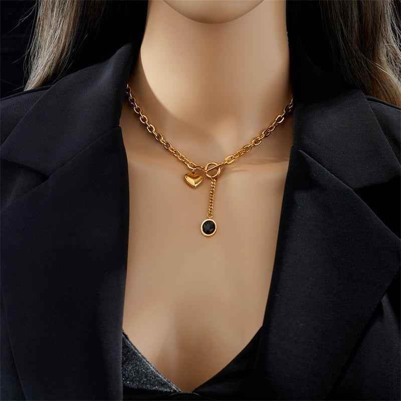 QS255 - 316L Stainless Steel Heart Black Stone Pendant Necklace Charm Jewelry - Touchy Style