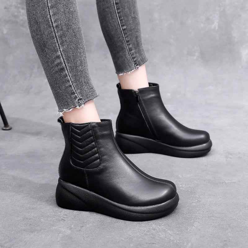 QX1222 Leather Platform Ankle Boots - Soft Women&