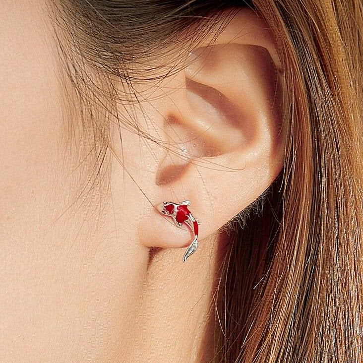 Red Koi Stud Earrings - 925 Sterling Silver Charm Jewelry (GX336) - Touchy Style .