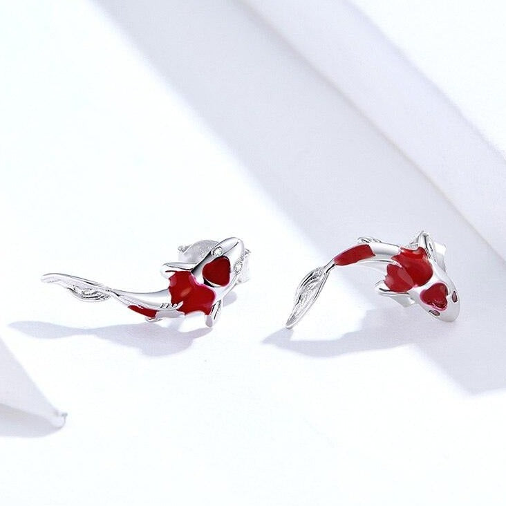 Red Koi Stud Earrings - 925 Sterling Silver Charm Jewelry (GX336) - Touchy Style .