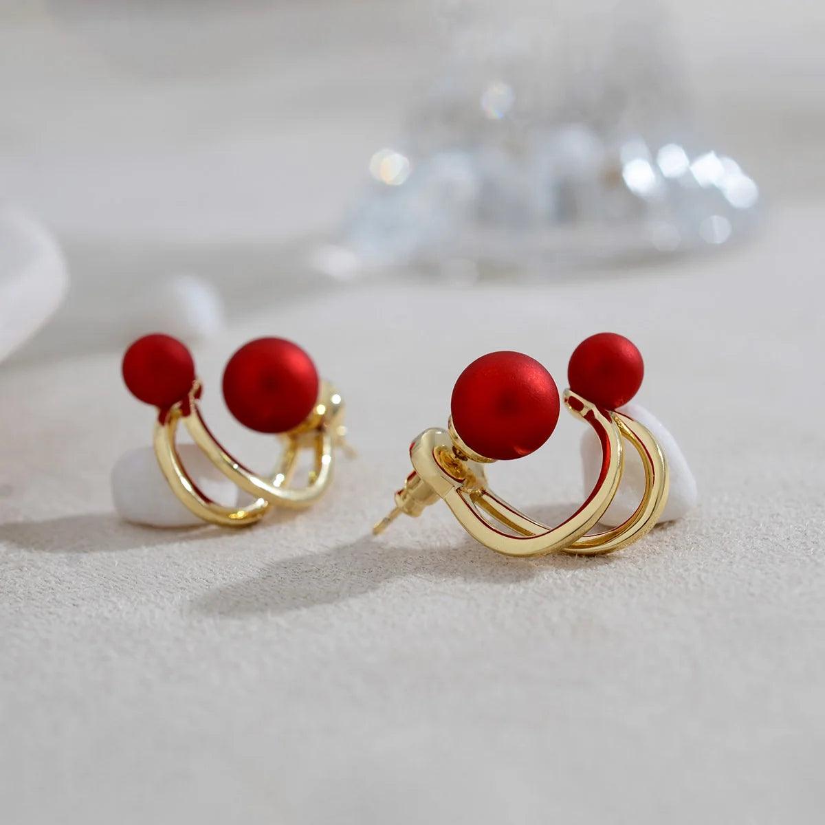 Red Pearl Multi Wearing Method Stud Earrings Charm Jewelry ECJOS14 - Touchy Style