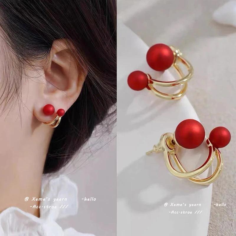 Red Pearl Multi Wearing Method Stud Earrings Charm Jewelry ECJOS14 - Touchy Style