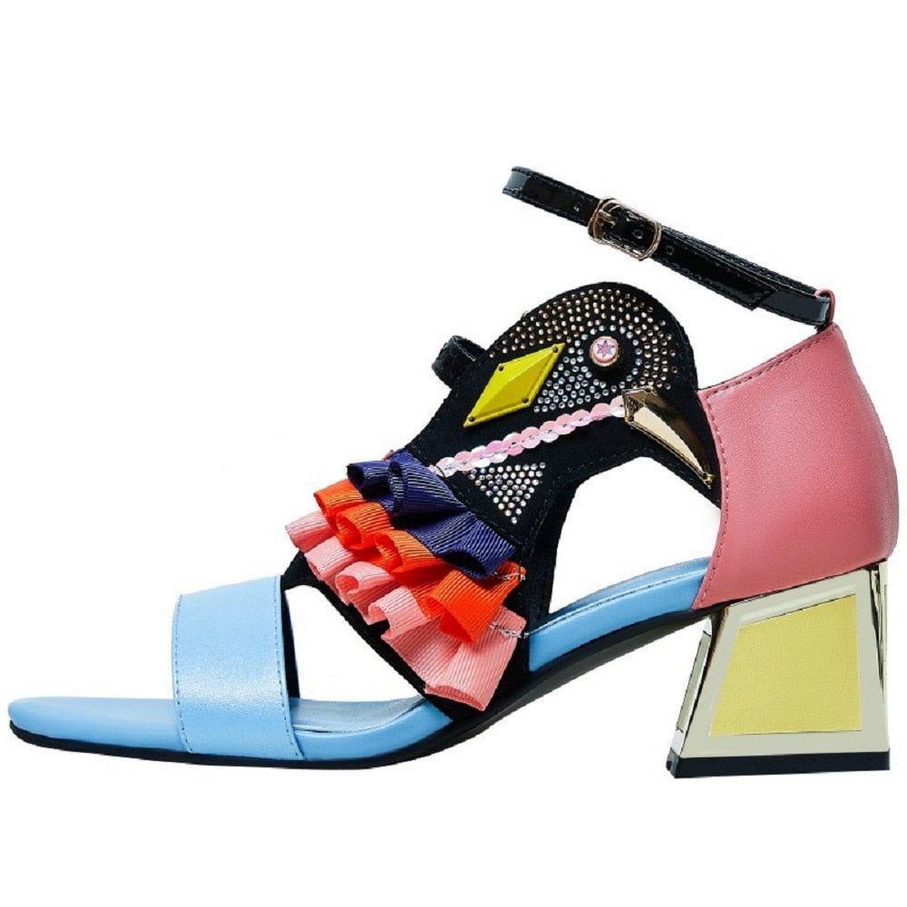 Ruffles Bird High Heel Sandals - Chunky Casual Shoes RX340 - Touchy Style .