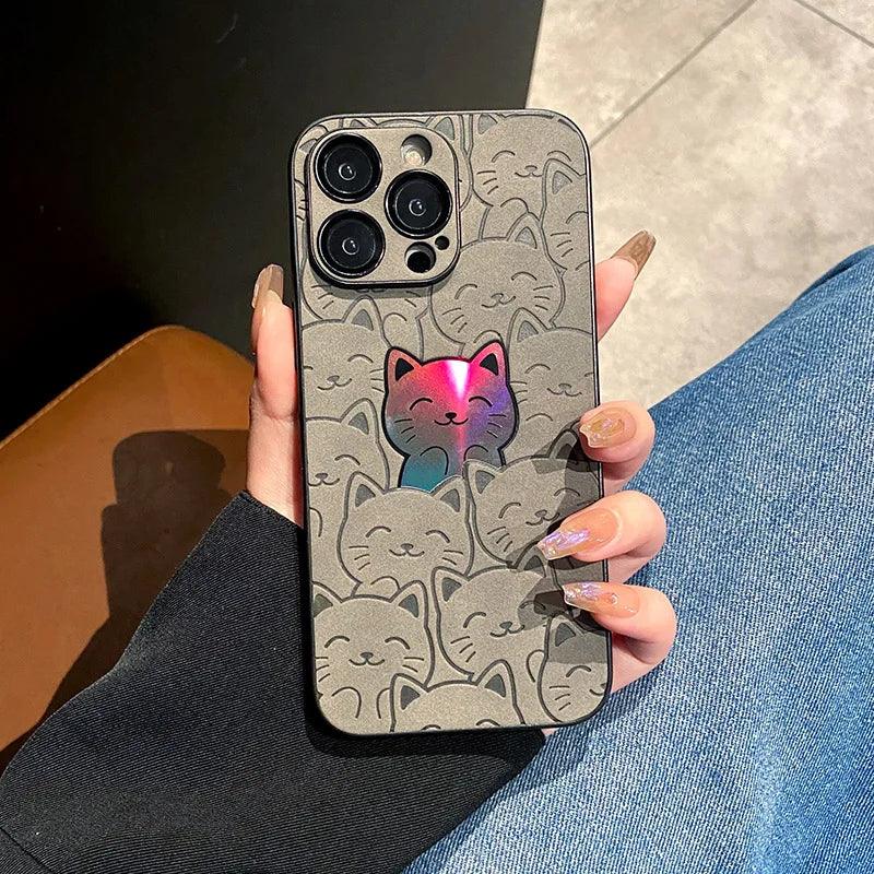 SCCPC1019 Cute Phone Case for iPhone 15, 13, 12, 14, 11 Pro Max, 14, 15 Plus - Leather Laser Full Cat Pattern - Touchy Style