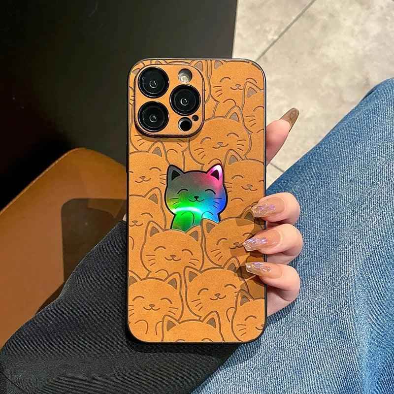 SCCPC1019 Cute Phone Case for iPhone 15, 13, 12, 14, 11 Pro Max, 14, 15 Plus - Leather Laser Full Cat Pattern - Touchy Style