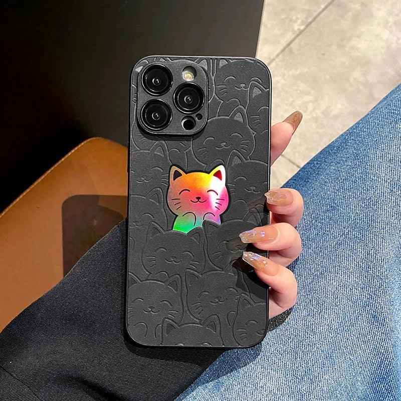 SCCPC1019 Cute Phone Case for iPhone 15, 13, 12, 14, 11 Pro Max, 14, 15 Plus - Leather Laser Full Cat Pattern - Touchy Style