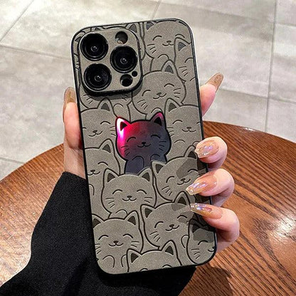 SCCPC1019 Cute Phone Case for iPhone 15, 13, 12, 14, 11 Pro Max, 14, 15 Plus - Leather Laser Full Cat Pattern - Touchy Style
