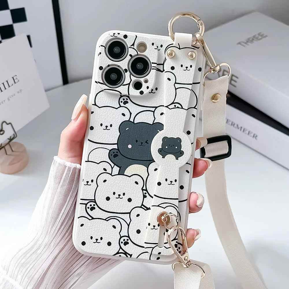 SCCPC206 Cute Phone Case For iPhone 11, 12, 13, 14, 15 Pro Max, 7, 8 Plus, XR, and Xs Max - Bears Lanyard Cover - Touchy Style