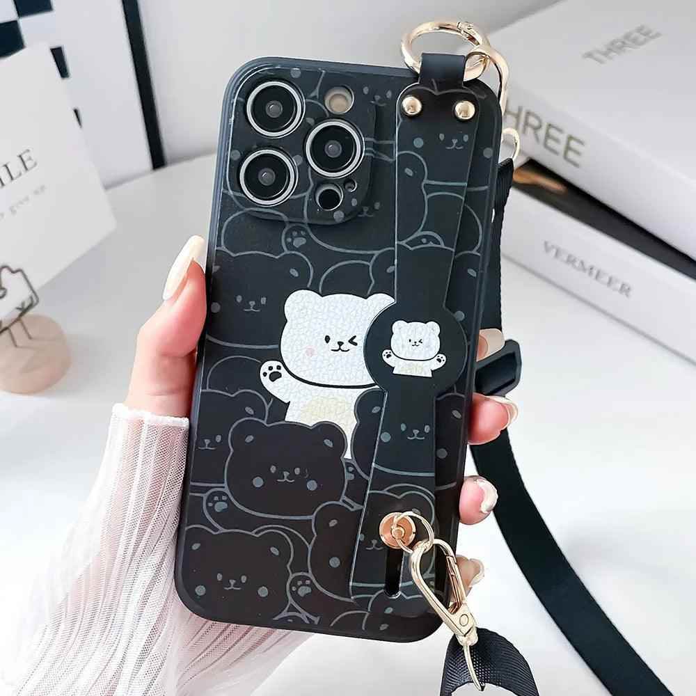 SCCPC206 Cute Phone Case For iPhone 11, 12, 13, 14, 15 Pro Max, 7, 8 Plus, XR, and Xs Max - Bears Lanyard Cover - Touchy Style