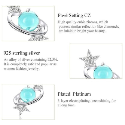 Silver Blue Planet with Star Stud Earring Charm Jewelry - Touchy Style .