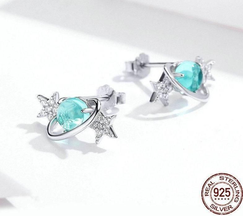 Silver Blue Planet with Star Stud Earring Charm Jewelry - Touchy Style .