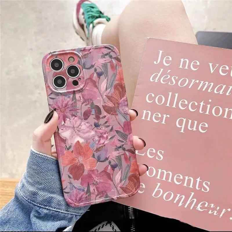 Soft Flowers and Leaves Oil Painting Cute Phone Cases for iPhone 12 Pro Max, 13, 11, 14, and 14 Pro - Touchy Style .