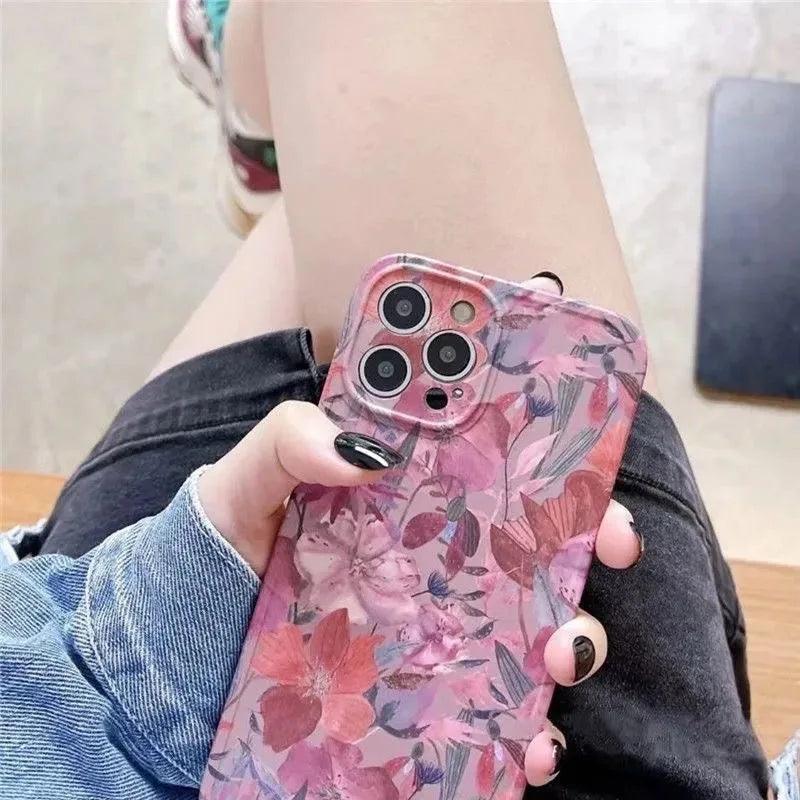 Soft Flowers and Leaves Oil Painting Cute Phone Cases for iPhone 12 Pro Max, 13, 11, 14, and 14 Pro - Touchy Style .
