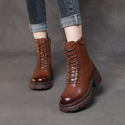 Solid Genuine Leather Ankle Boots - Women&