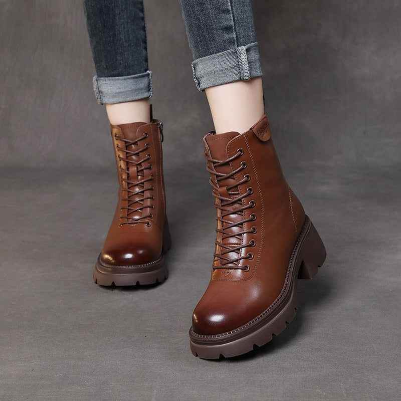 Solid Genuine Leather Ankle Boots - Women&