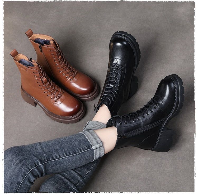 Solid Genuine Leather Ankle Boots - Women&