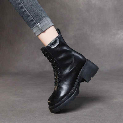 Solid Genuine Leather Ankle Boots - Women&