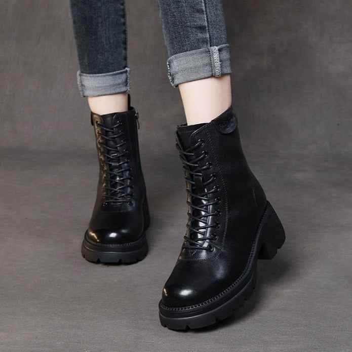 Solid Genuine Leather Ankle Boots - Women&