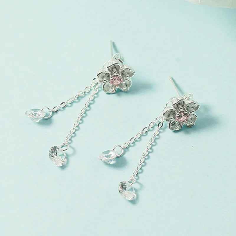 Stud Earrings Charm Jewelry - Pink Tassel Cherry Blossom - TSJ78 - Touchy Style