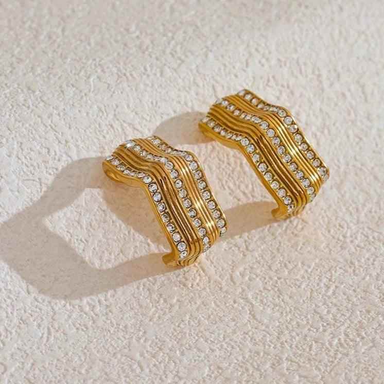 Stud Earrings Charm Jewelry - Shiny Cubic Zirconia - C Shape Stripe - YH3726A - Touchy Style