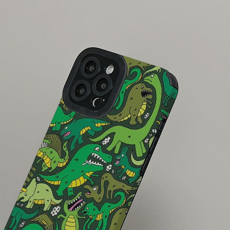 Stylish Cute Green Dinosaur Phone Case Cover for iPhone 14, 13, 12, 11 Pro Max, XR, X, XS, SE, 6, 6S, 7, 8 Plus - Touchy Style .
