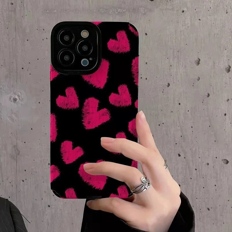 Stylish Pink Black Heart Pattern Cute Phone Cases For iPhone SE, 7, 8 Plus, X, XR, 11, 12 Pro, 13, 14 XS Max - Touchy Style .