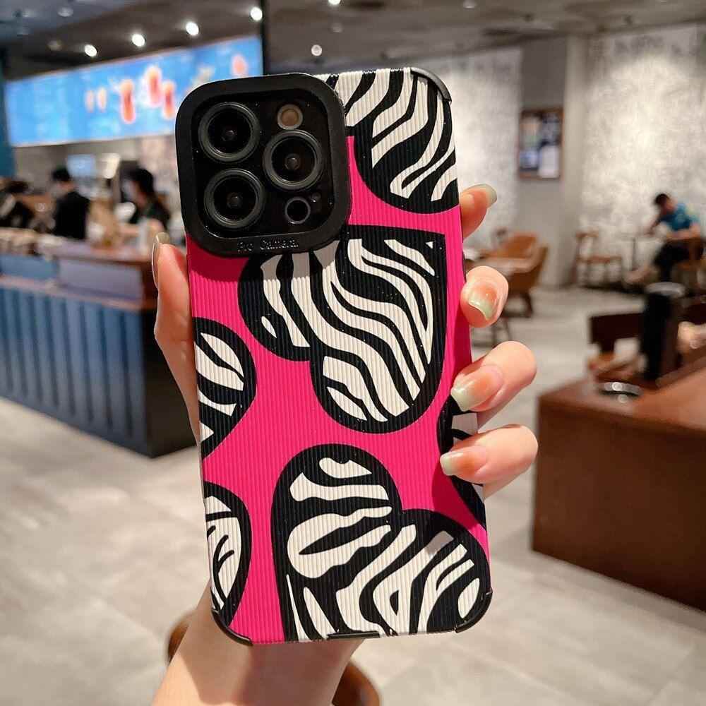 Stylish Pink White Heart Zebra Pattern Cute Phone Cases For iPhone 14, 13, 12 Pro, 11, XS Max, 7, 8 Plus, X, XR, SE - Touchy Style .