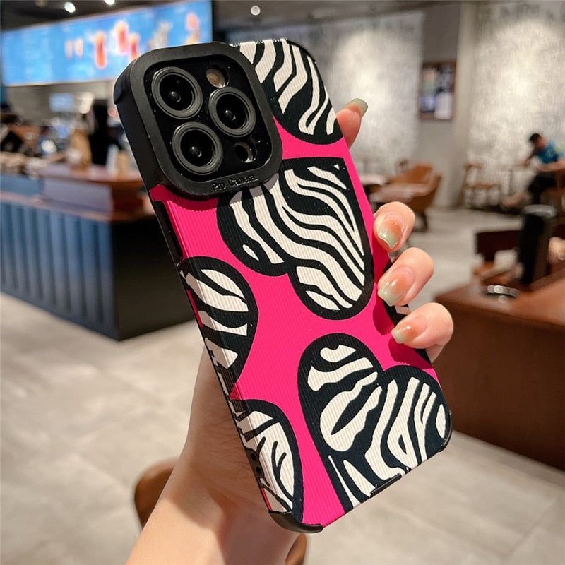 Stylish Pink White Heart Zebra Pattern Cute Phone Cases For iPhone 14, 13, 12 Pro, 11, XS Max, 7, 8 Plus, X, XR, SE - Touchy Style .