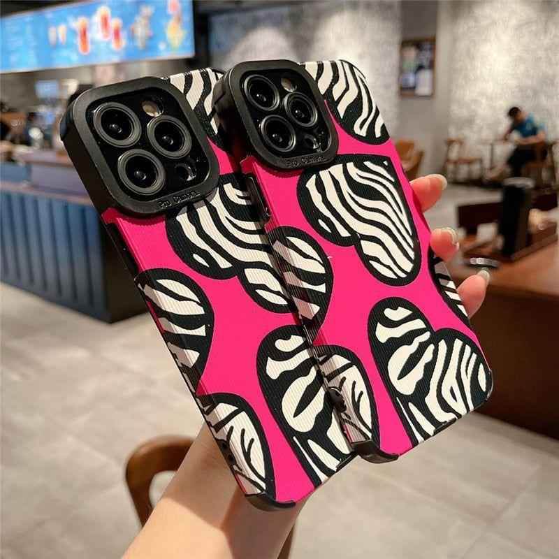 Stylish Pink White Heart Zebra Pattern Cute Phone Cases For iPhone 14, 13, 12 Pro, 11, XS Max, 7, 8 Plus, X, XR, SE - Touchy Style .