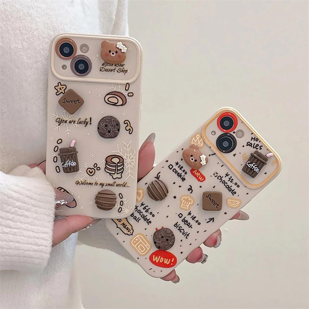 TSP10 Cute Phone Case Cute for iPhone 11, 12, 13, 14, 15, Pro Max, and Plus models - Cartoon 3D Coffee, Bear, and Cookies Pattern - Touchy Style