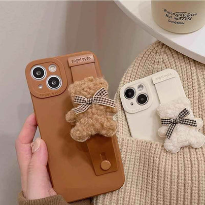 TSP11 Cute Phone Cases for iPhone 15, 14, 13, 12 Pro Max 11 MiNi  X XR XS 7 Plus SE - With 3D Cartoon Bear Wrist Strap - Touchy Style