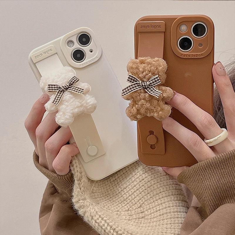 TSP11 Cute Phone Cases for iPhone 15, 14, 13, 12 Pro Max 11 MiNi  X XR XS 7 Plus SE - With 3D Cartoon Bear Wrist Strap - Touchy Style